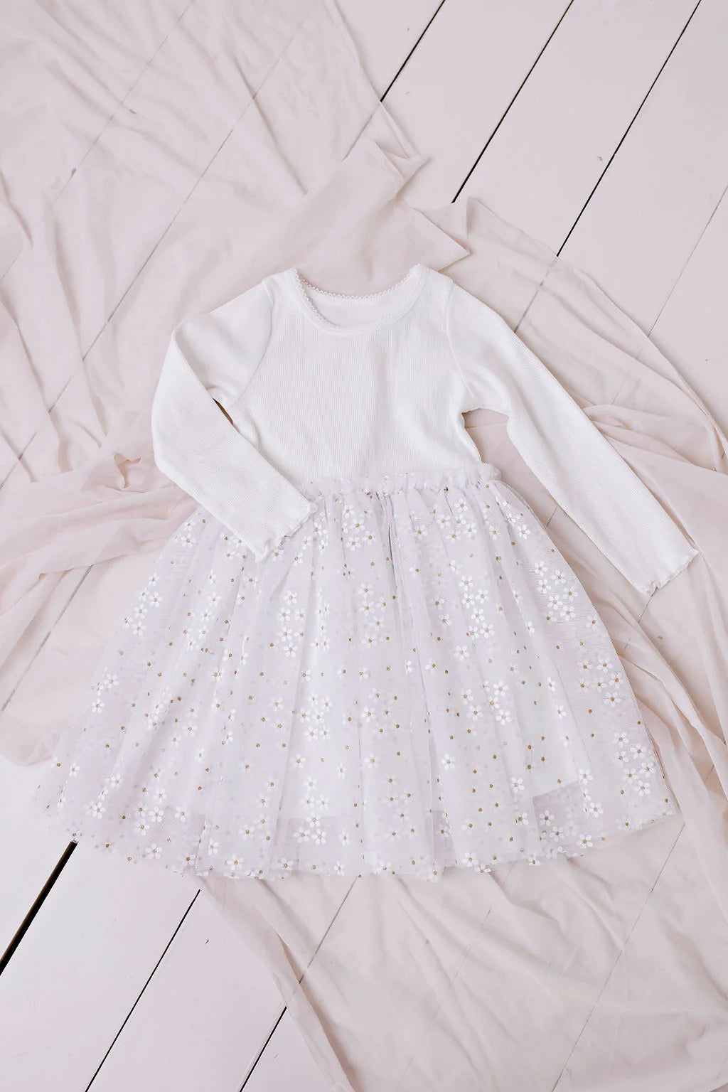 Long Sleeved Ribbed Tulle Dress - White Daisies - The Toy Station