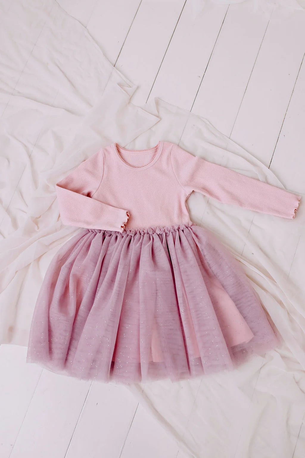 Long Sleeved Ribbed Tulle Dress - Dusty Pink - The Toy Station