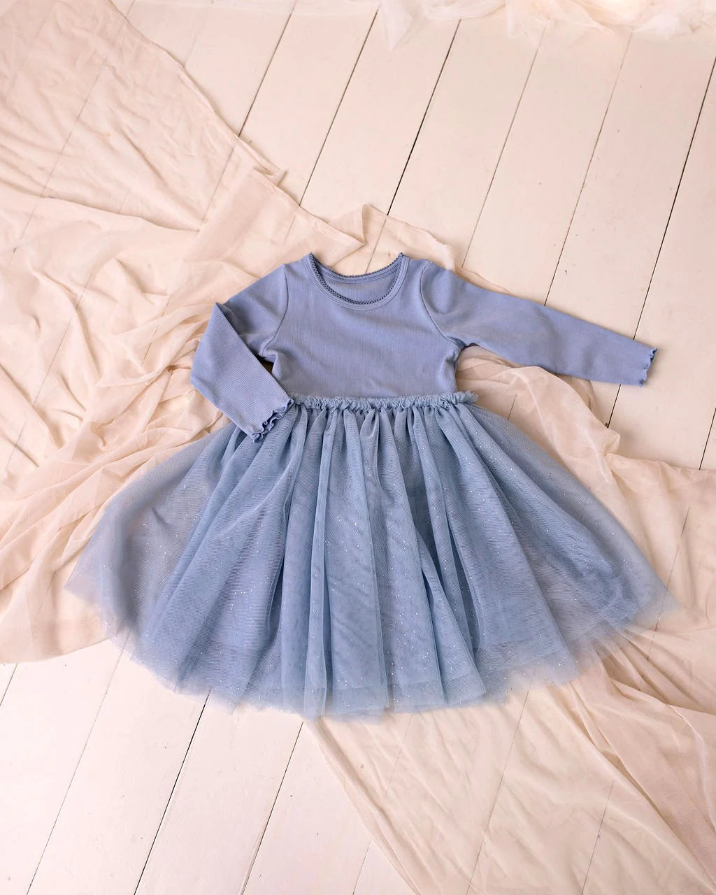 Long Sleeved Ribbed Tulle Dress - Dusty Blue - The Toy Station