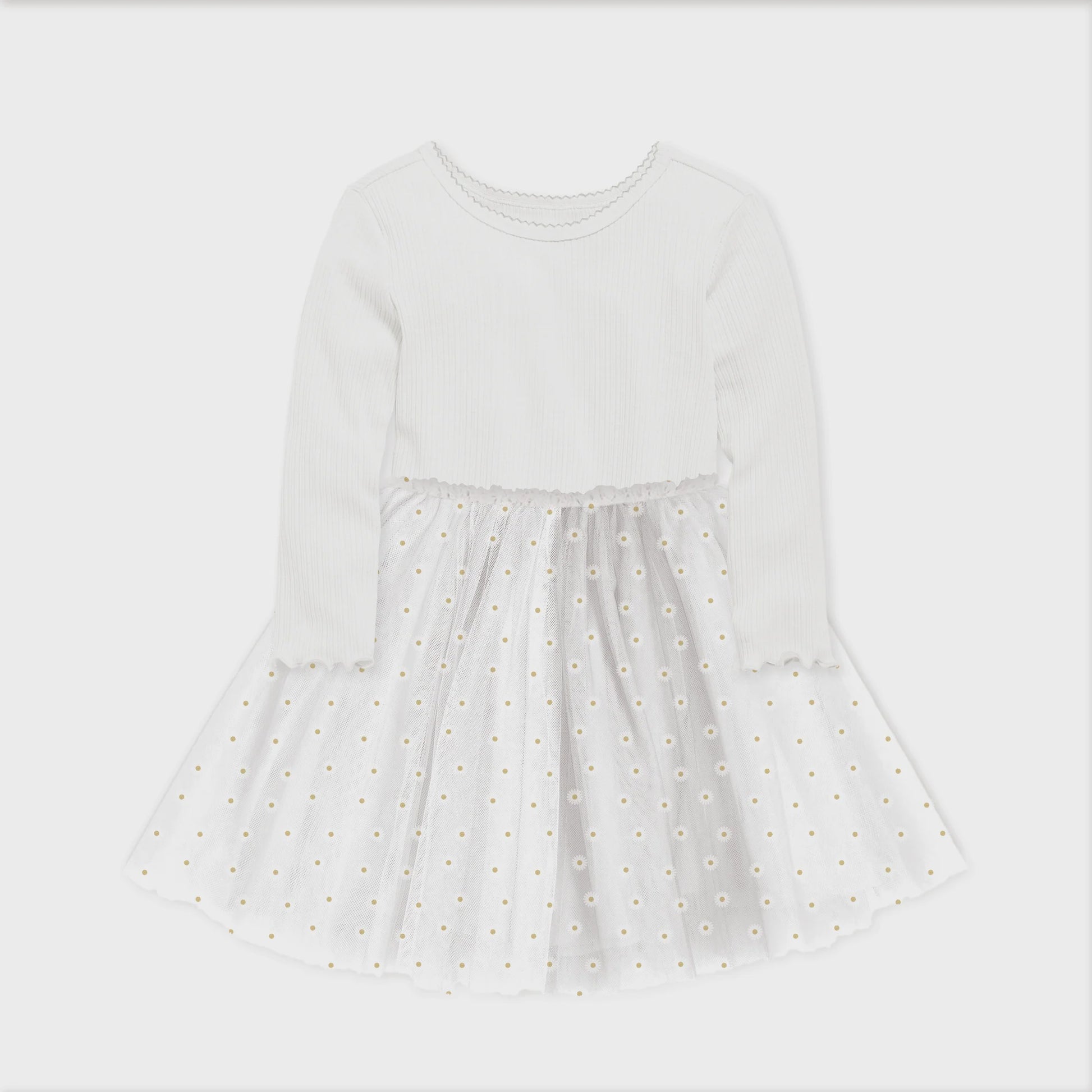 Long Sleeved Ribbed Tulle Dress - White Daisies - The Toy Station