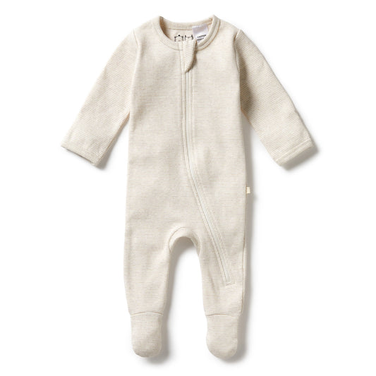 Organic Stripe Rib Zipsuit with Feet - Oatmeal - The Toy Station