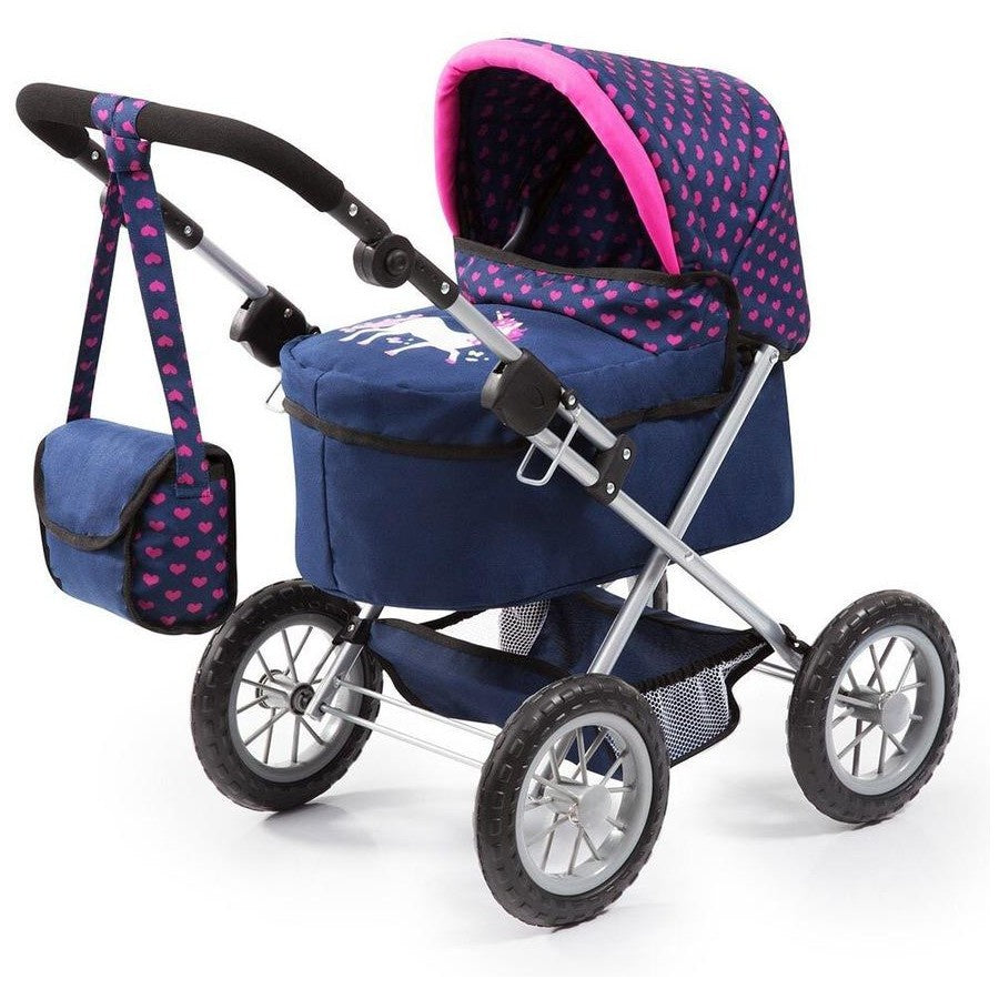 Bayer Trendy Doll Pram – Blue with Pink Hearts & Unicorn