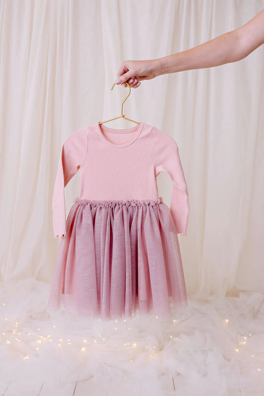 Long Sleeved Ribbed Tulle Dress - Dusty Pink