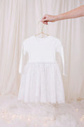 Long Sleeved Ribbed Tulle Dress - White Daisies - The Toy Station