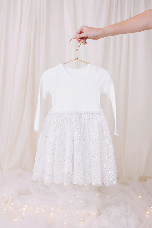 Long Sleeved Ribbed Tulle Dress - White Daisies