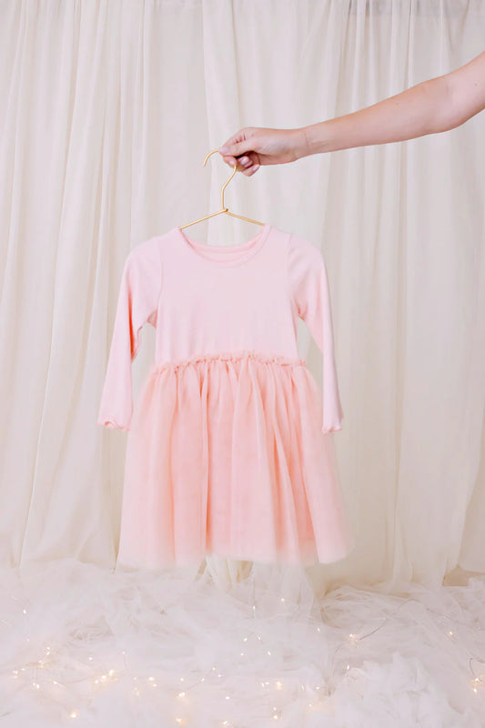 Long Sleeved Ribbed Tulle Dress - Soft Rose