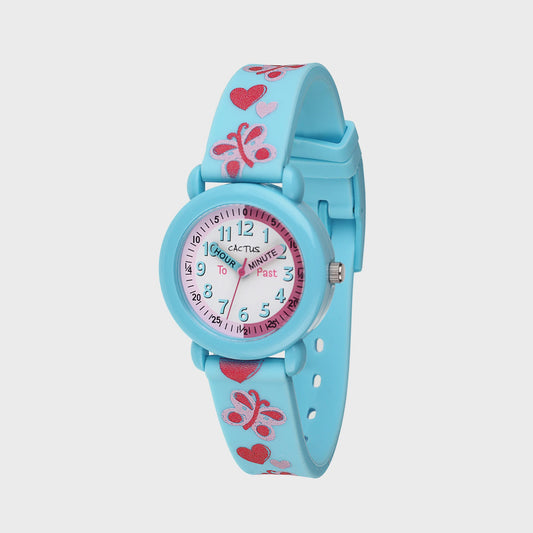 Timekeeper - Kids Watch - Blue with Flowers & Hearts.
