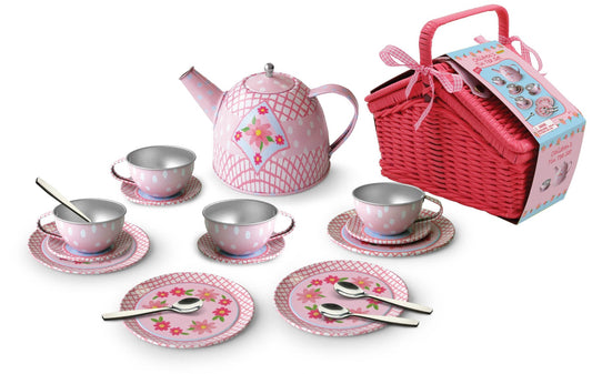 Floral Tin Tea Set in Picnic Basket - The Toy Station