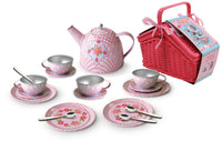 Floral Tin Tea Set in Picnic Basket