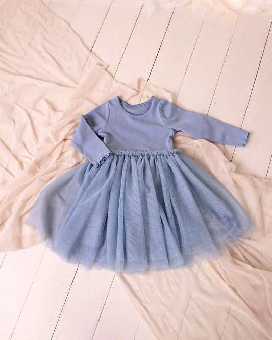 Long Sleeved Ribbed Tulle Dress - Dusty Blue