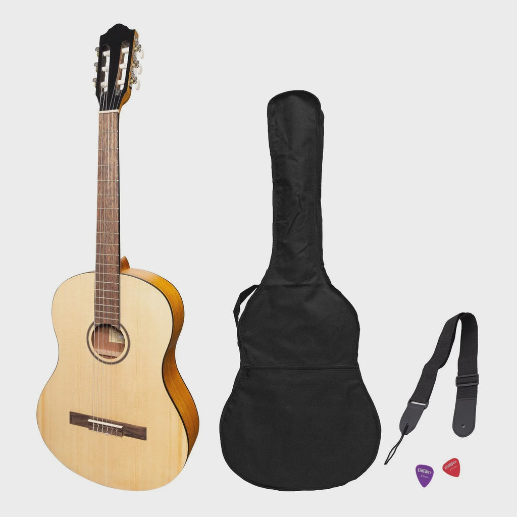 Martinez 'Slim Jim' Full Size Student Classical Guitar Pack with Built In Tuner (Spruce/Koa)