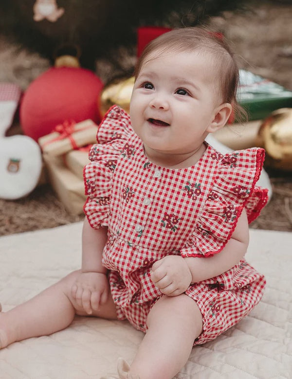 Festive Gingham Ruffle Romper