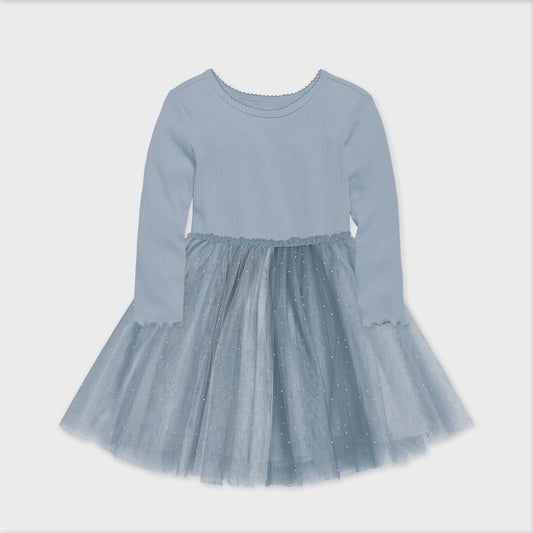 Long Sleeved Ribbed Tulle Dress - Dusty Blue