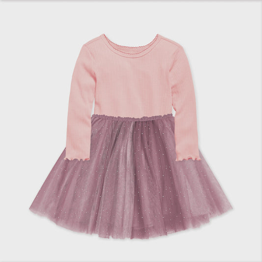 Long Sleeved Ribbed Tulle Dress - Dusty Pink