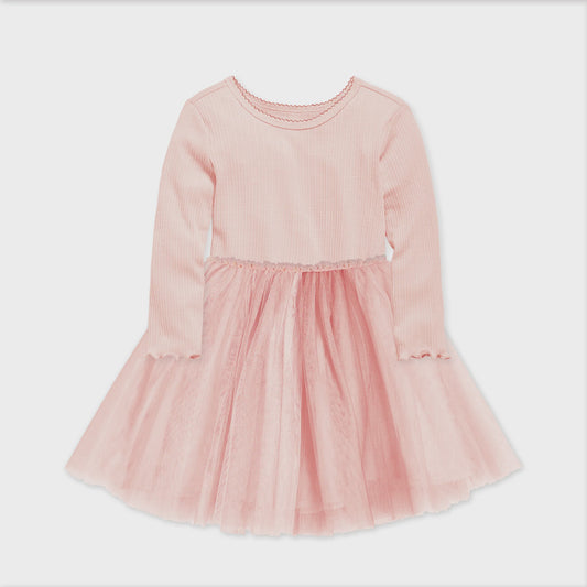Long Sleeved Ribbed Tulle Dress - Soft Rose