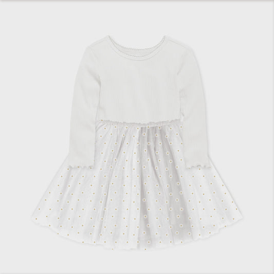 Long Sleeved Ribbed Tulle Dress - White Daisies