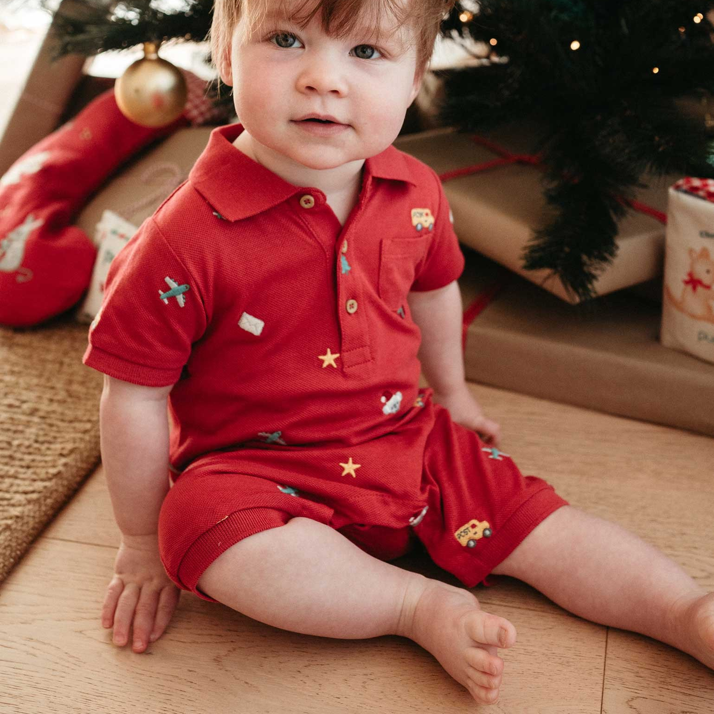 Christmas Polo Growsuit - Christmas Broderie