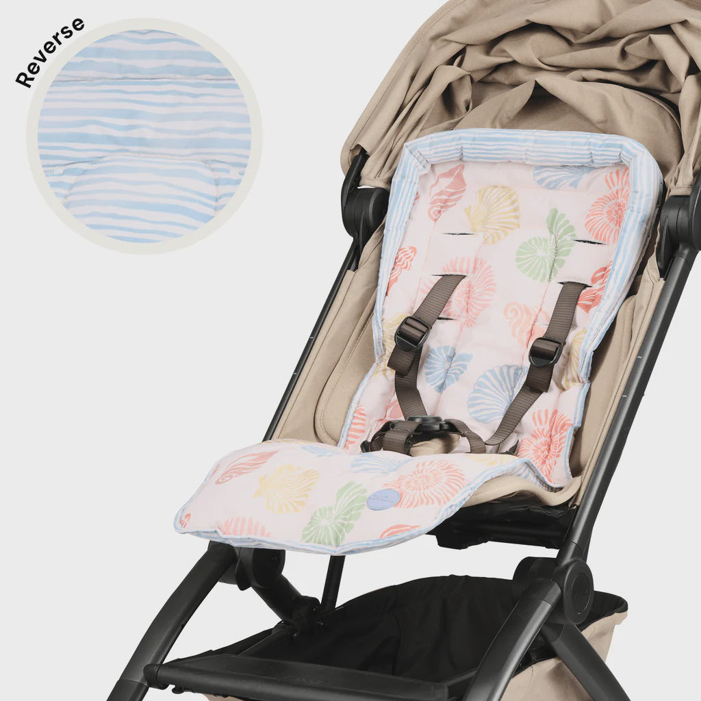 Reversible pram liner - Seashells/Blue Stripe
